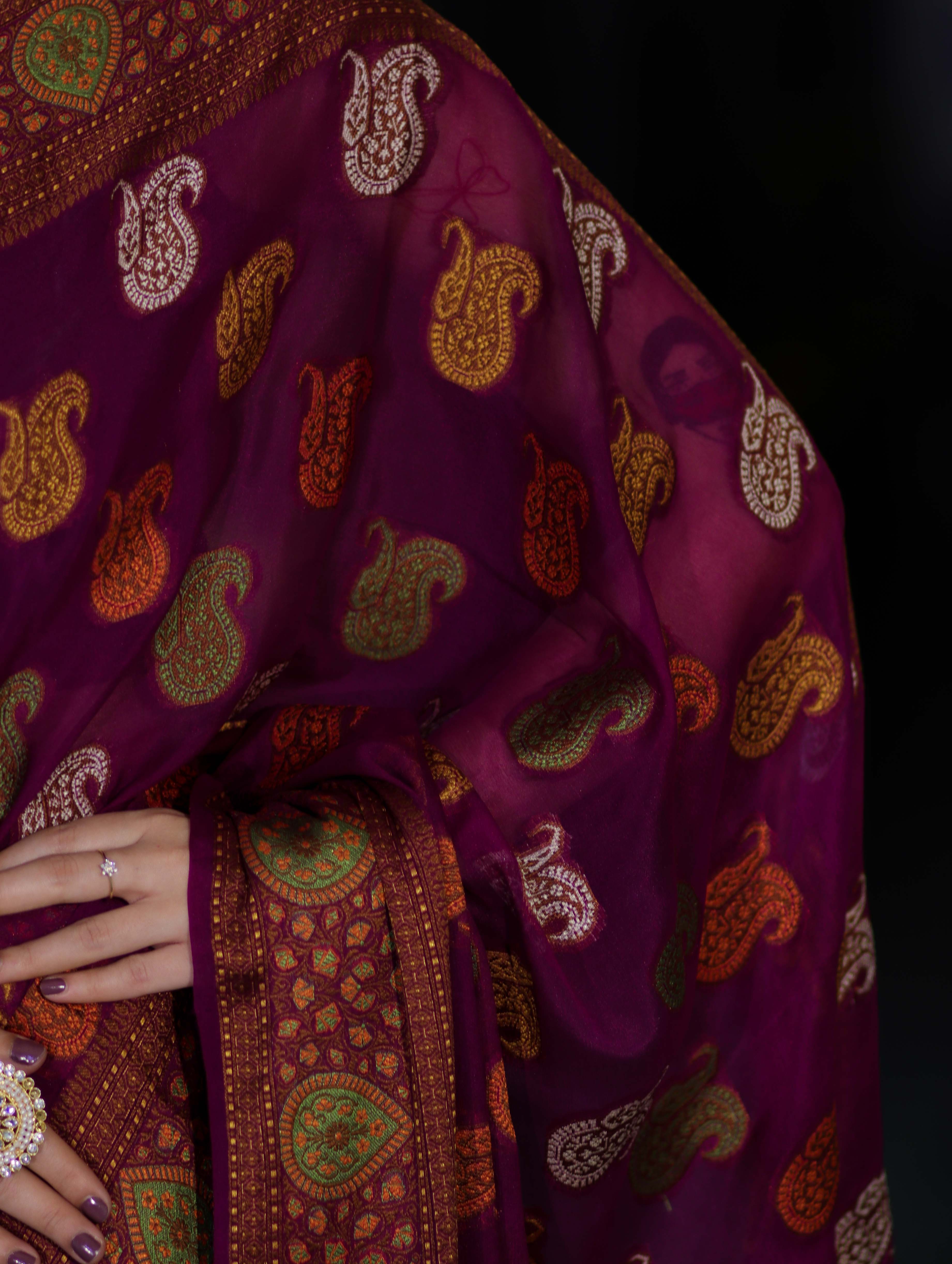 Banarasee Pure Chiffon Saree With Resham Buta Work & Border-Violet