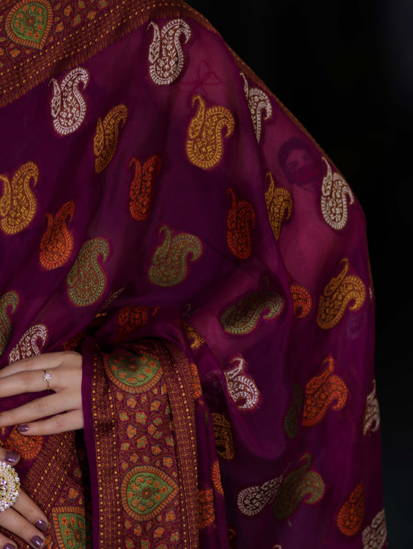 Banarasee Pure Chiffon Saree With Resham Buta Work & Border-Violet