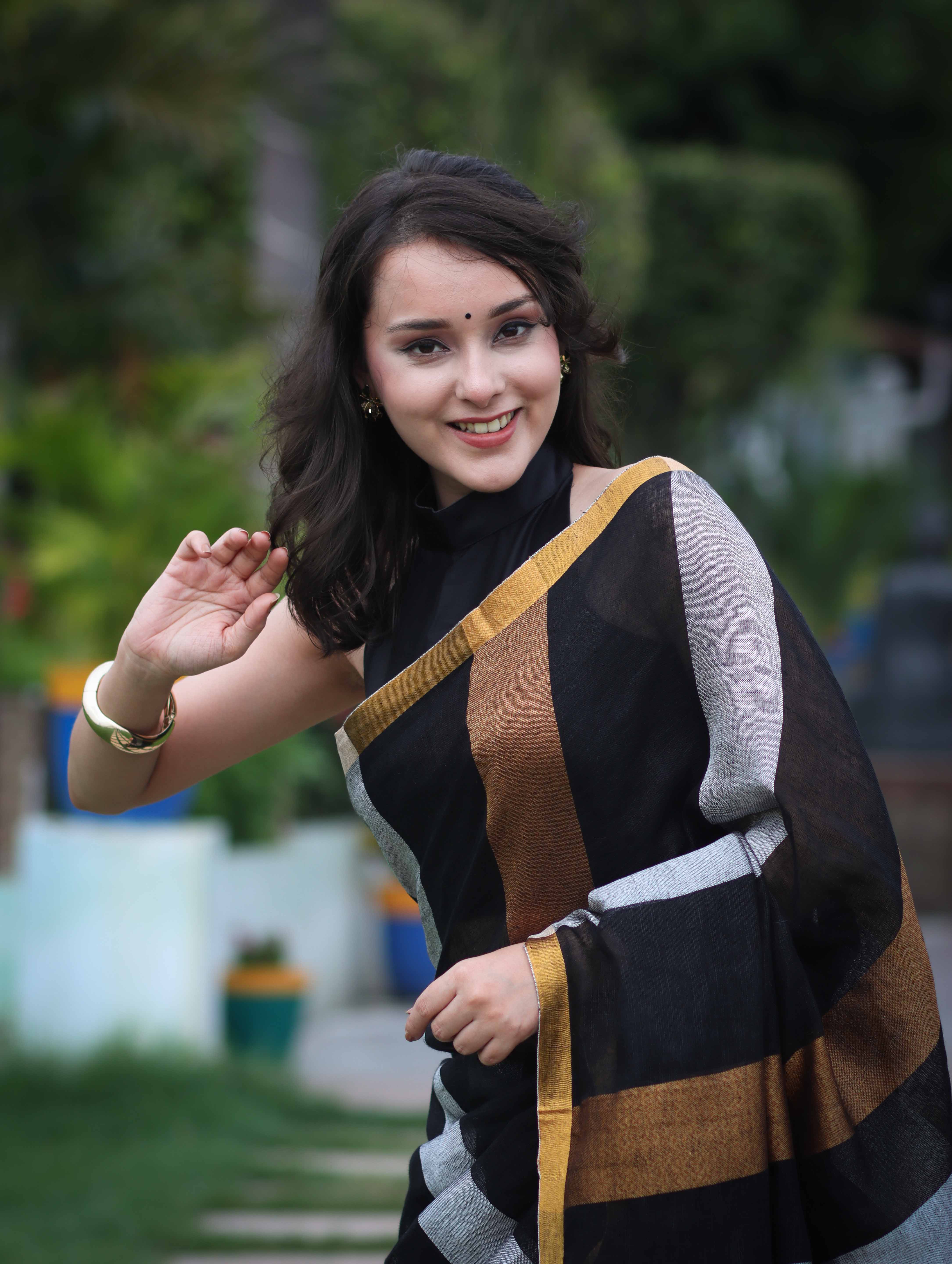 Bhagalpur Handloom Pure Linen Saree With Gold & Silver Stripes-Black