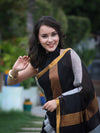 Bhagalpur Handloom Pure Linen Saree With Gold & Silver Stripes-Black