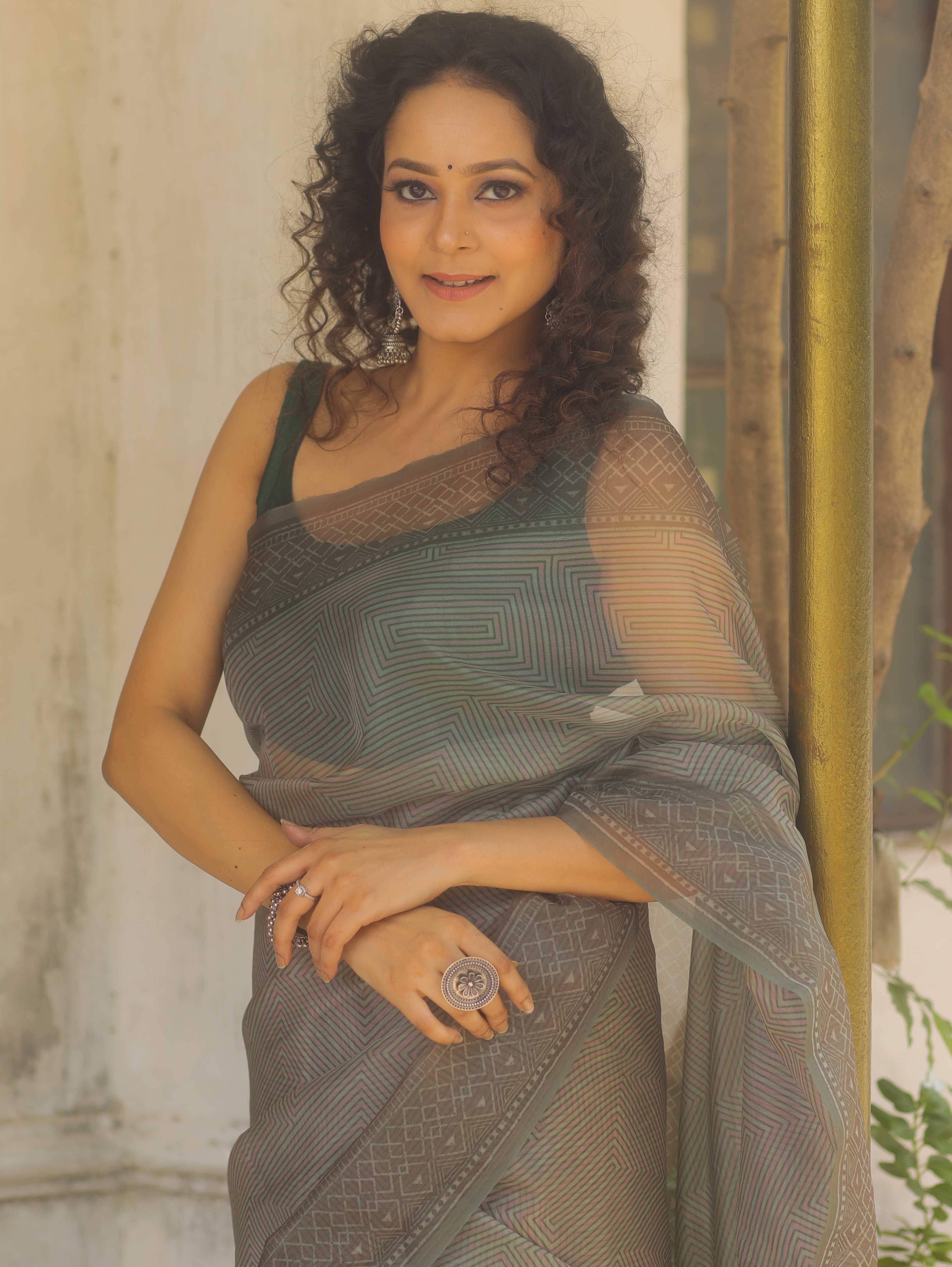 Banarasee Organza Mix Printed Saree-Green