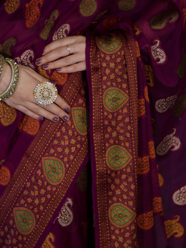 Banarasee Pure Chiffon Saree With Resham Buta Work & Border-Violet