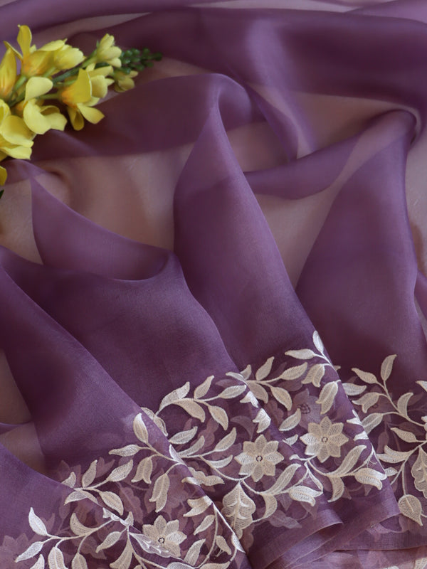 Banarasee Pure Organza Silk Saree With Floral Resham Embroidery-Mouve