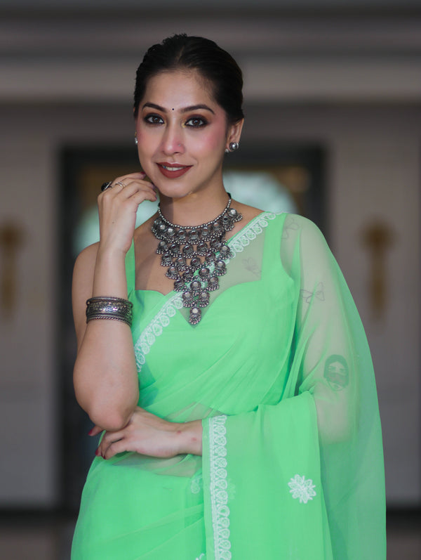 Banarasee Handwoven Georgette Saree With Chikankari Work-Light Green
