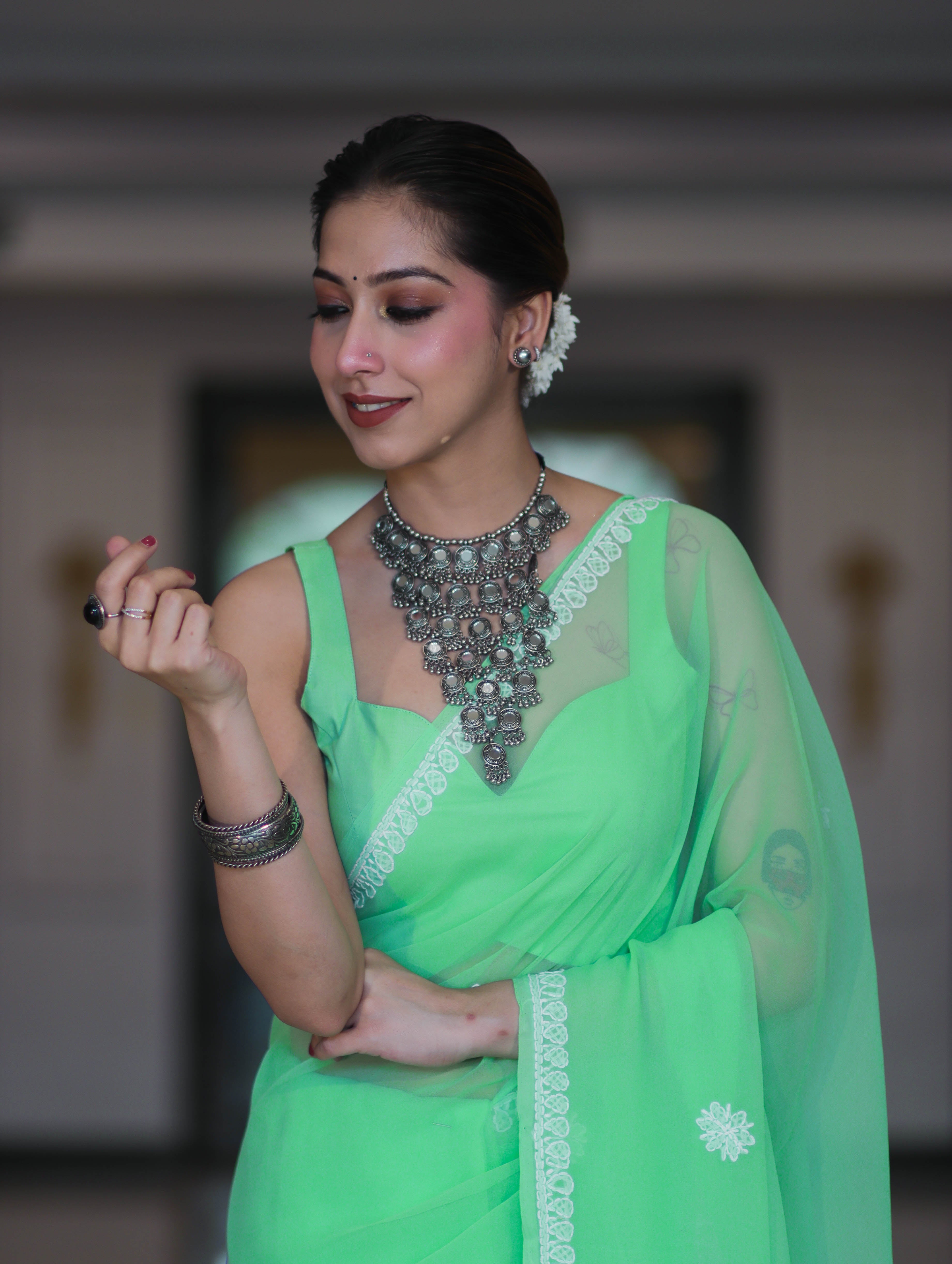 Banarasee Handwoven Georgette Saree With Chikankari Work-Light Green