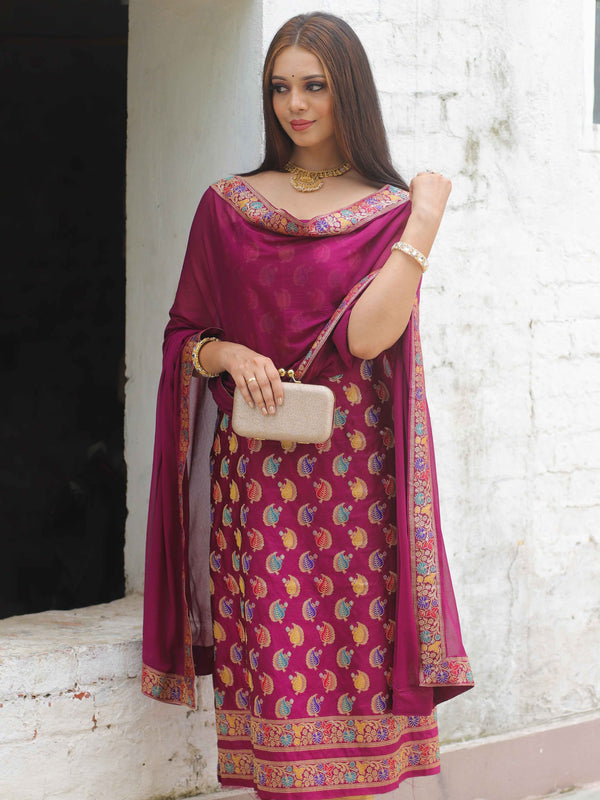 Banarasee Satin Brocade Salwar Kameez Fabric With Wine Art Silk  Dupatta-Off-White | Silk kurti designs, Dress materials, Designer dresses  indian