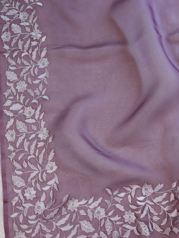 Banarasee Pure Organza Silk Saree With Floral Resham Embroidery-Mouve