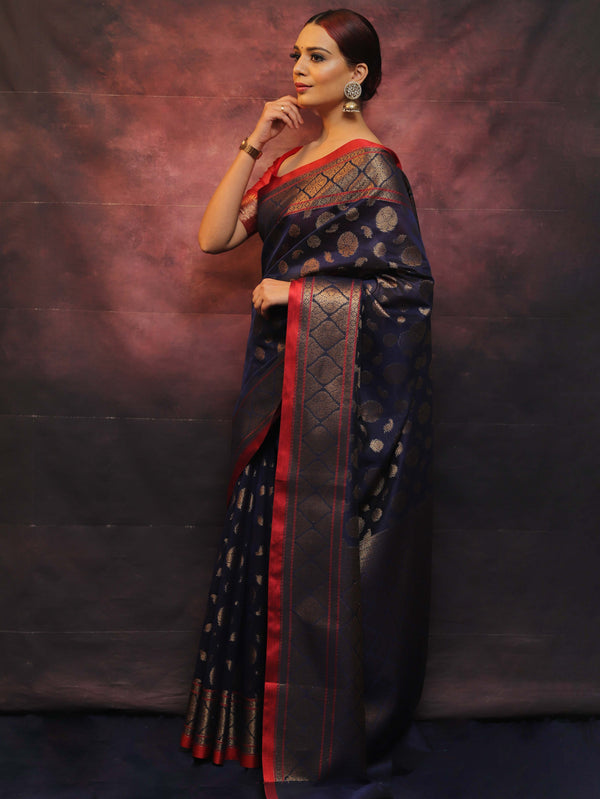 Banarasee Handwoven Pure Silk Cotton Saree With Antique Zari Buti & Border-Blue