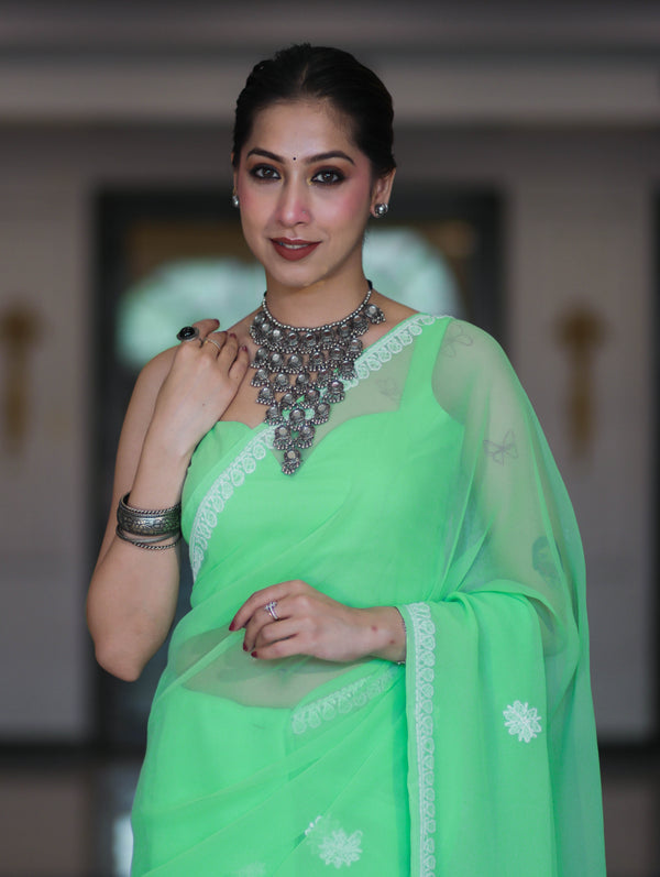 Banarasee Handwoven Georgette Saree With Chikankari Work-Light Green