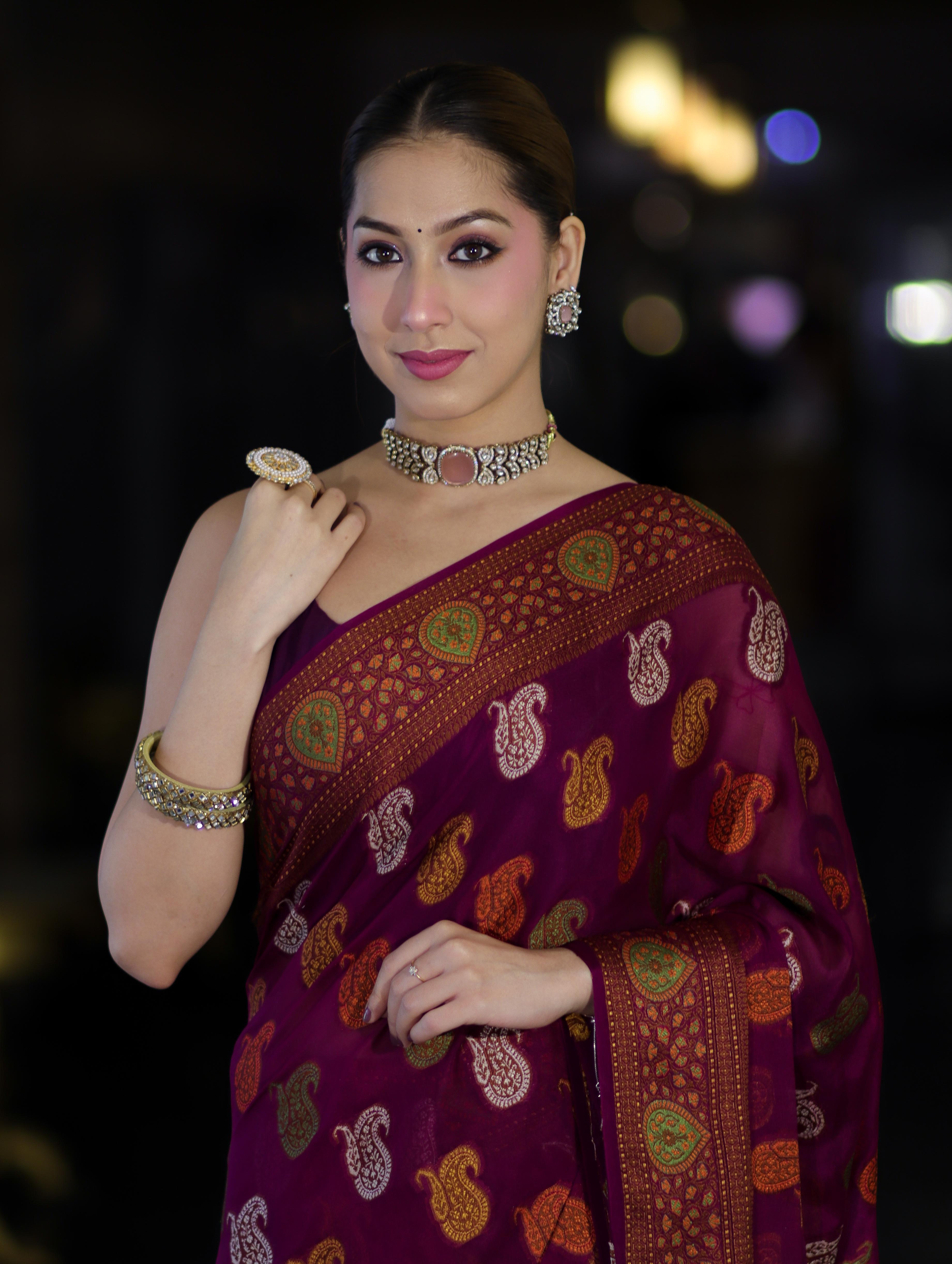 Banarasee Pure Chiffon Saree With Resham Buta Work & Border-Violet