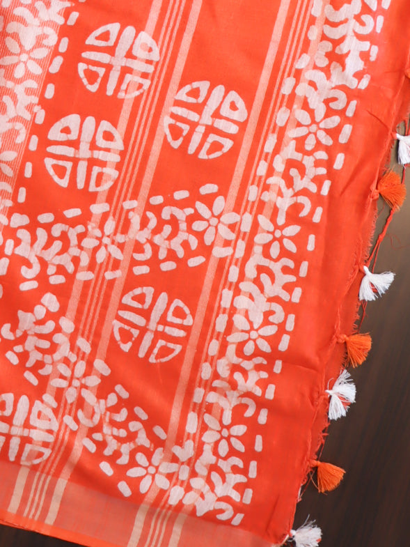Bhagalpur Handloom Pure Linen Cotton Batik Pattern Saree-Orange
