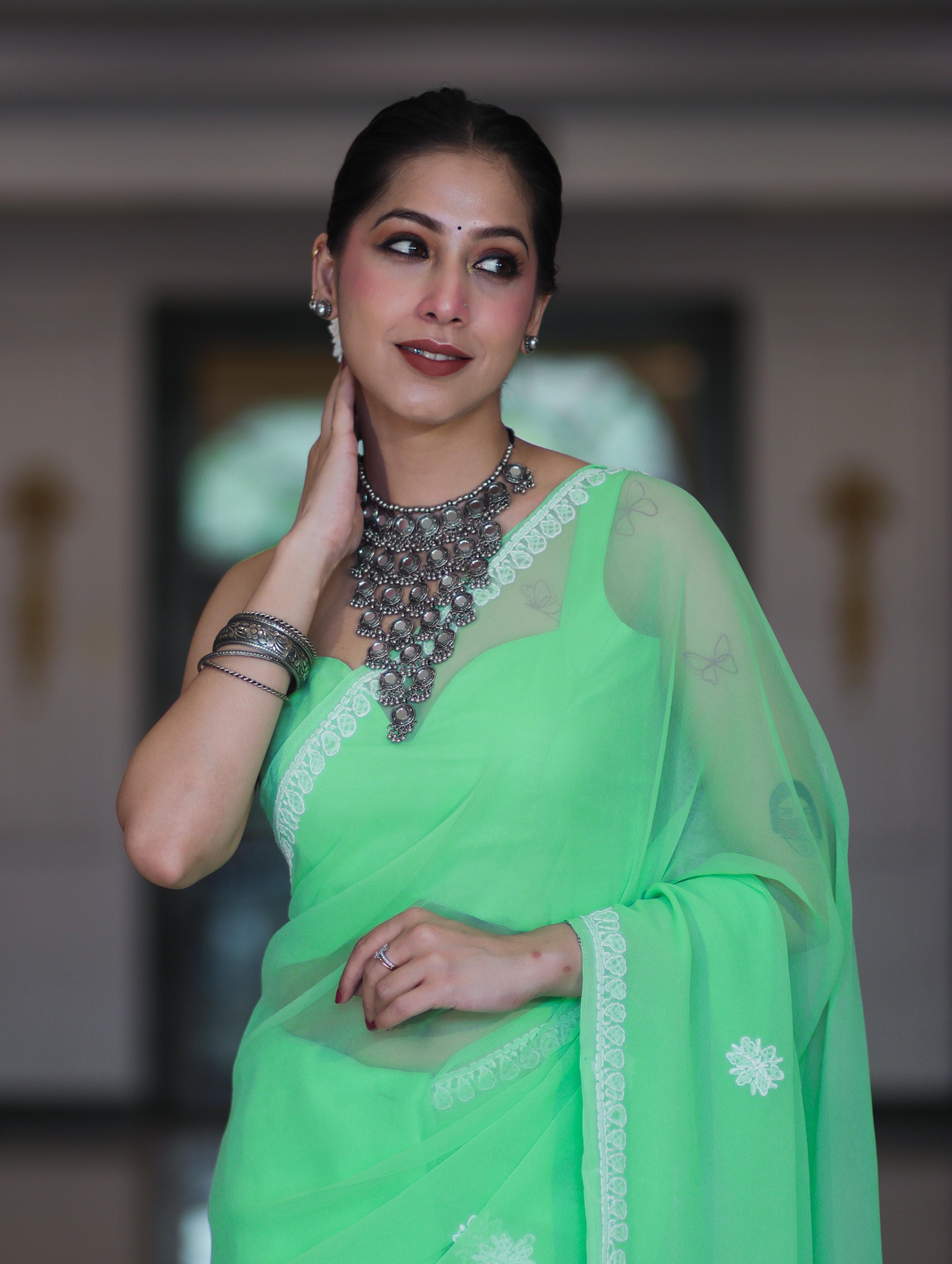 Banarasee Handwoven Georgette Saree With Chikankari Work-Light Green