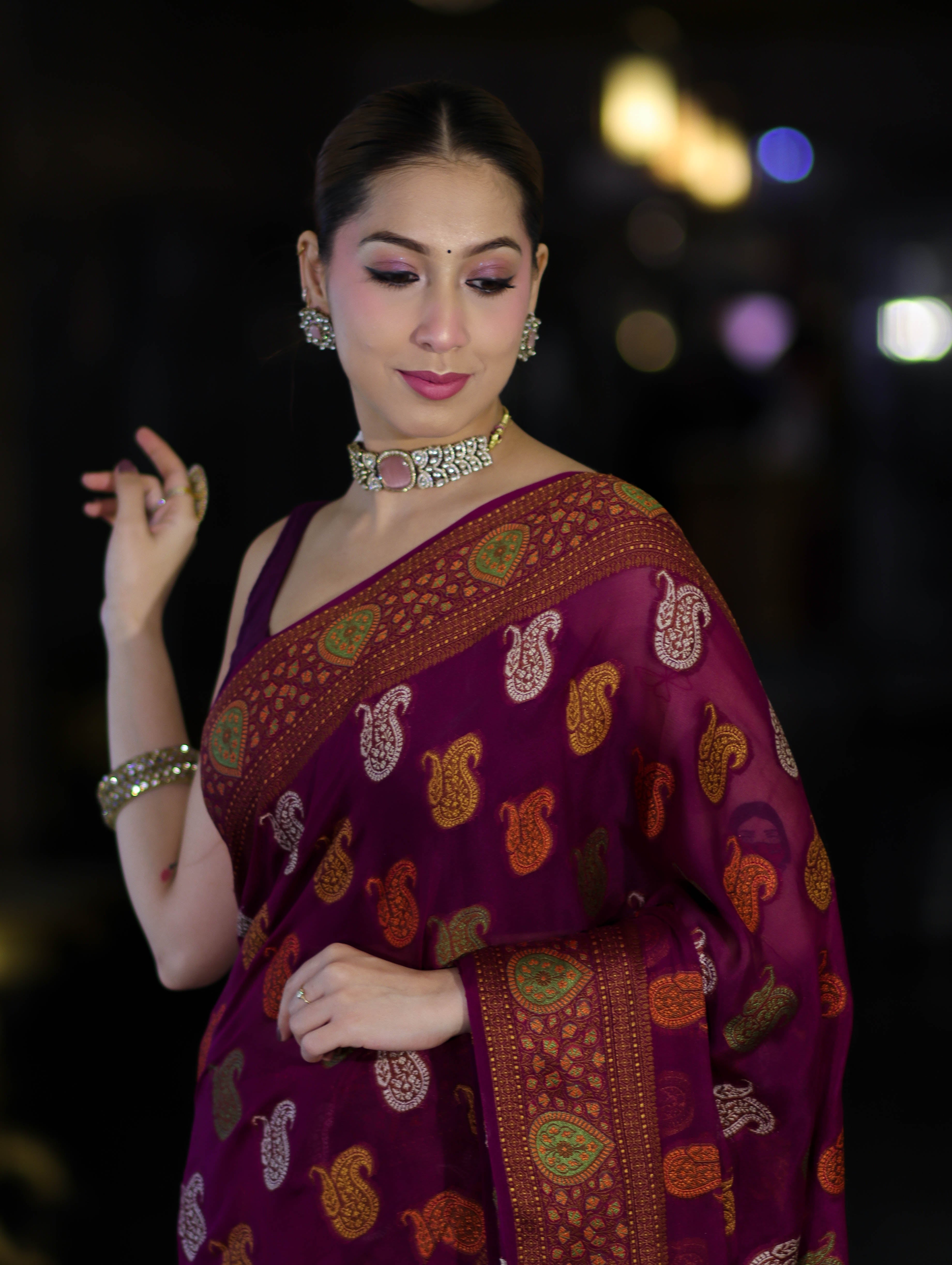 Banarasee Pure Chiffon Saree With Resham Buta Work & Border-Violet