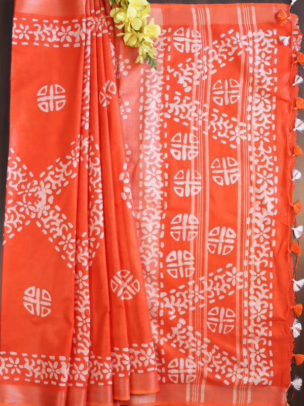 Bhagalpur Handloom Pure Linen Cotton Batik Pattern Saree-Orange