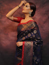 Banarasee Handwoven Pure Silk Cotton Saree With Antique Zari Buti & Border-Blue