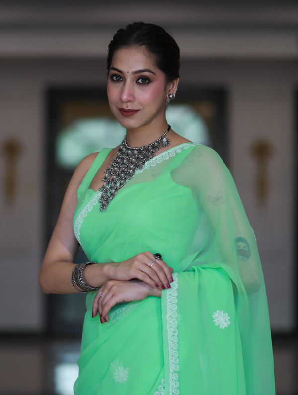 Banarasee Handwoven Georgette Saree With Chikankari Work-Light Green