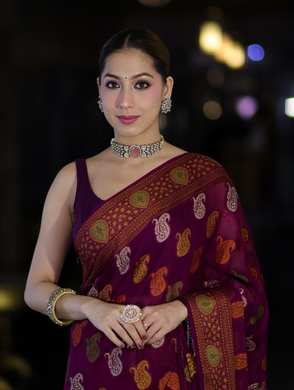 Banarasee Pure Chiffon Saree With Resham Buta Work & Border-Violet