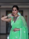 Banarasee Handwoven Georgette Saree With Chikankari Work-Light Green