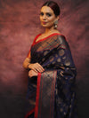 Banarasee Handwoven Pure Silk Cotton Saree With Antique Zari Buti & Border-Blue