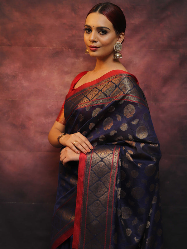 Banarasee Handwoven Pure Silk Cotton Saree With Antique Zari Buti & Border-Blue
