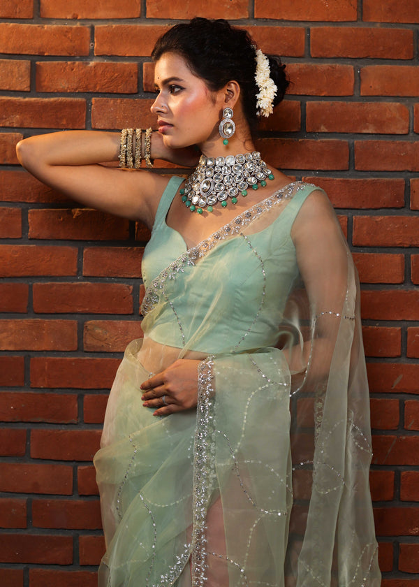 Banarasee Organza Mix Saree With Katdana Handwork-Mint Green