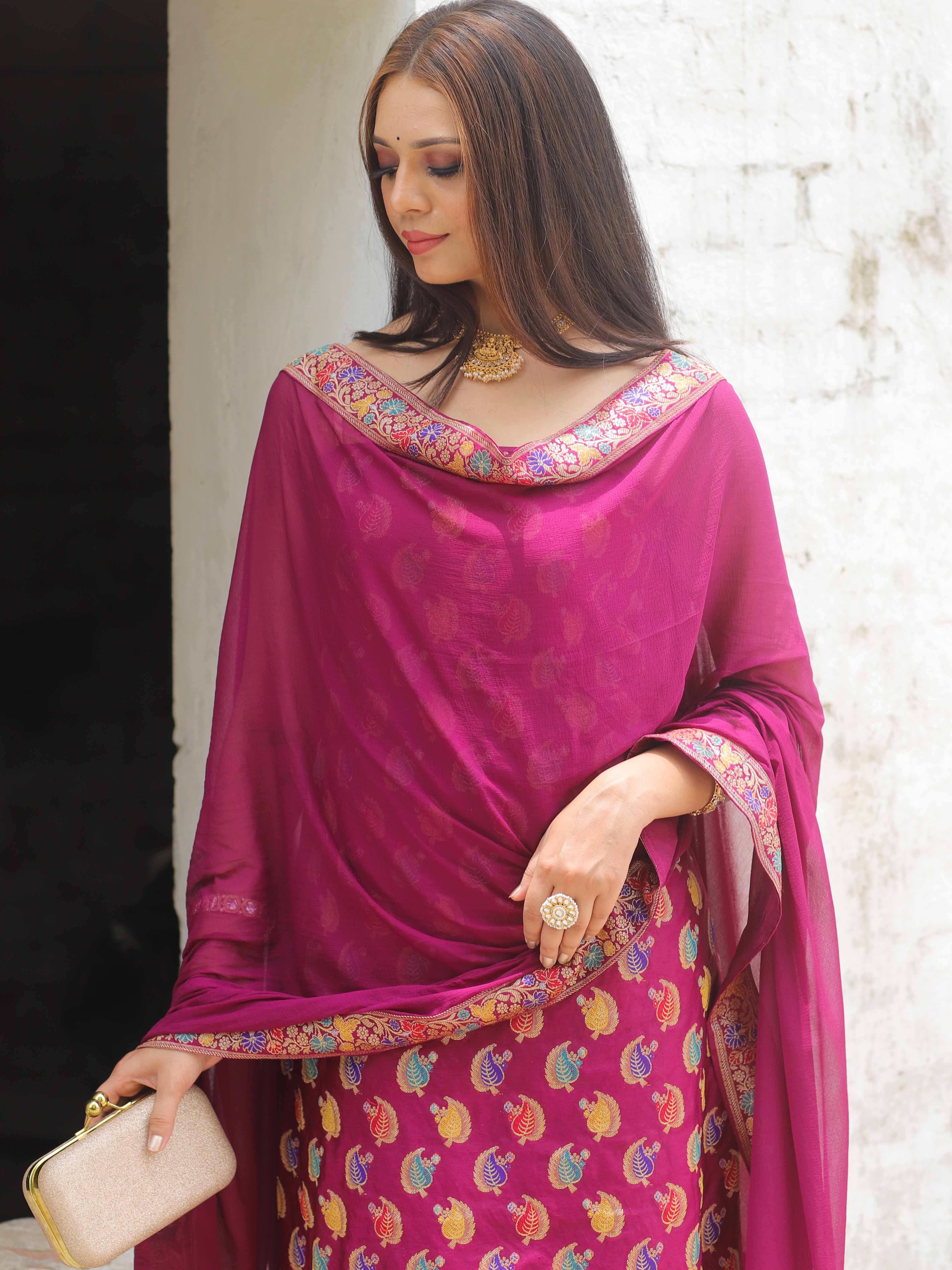 Banarasee Salwar Kameez Semi Katan Silk Zari Buti Fabric With Chiffon Dupatta-Magenta