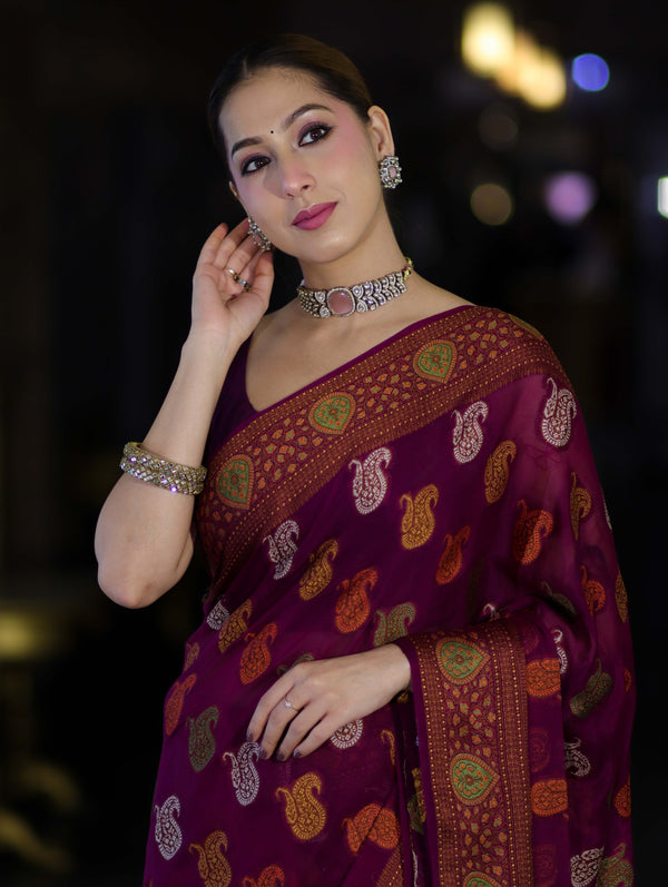 Banarasee Pure Chiffon Saree With Resham Buta Work & Border-Violet