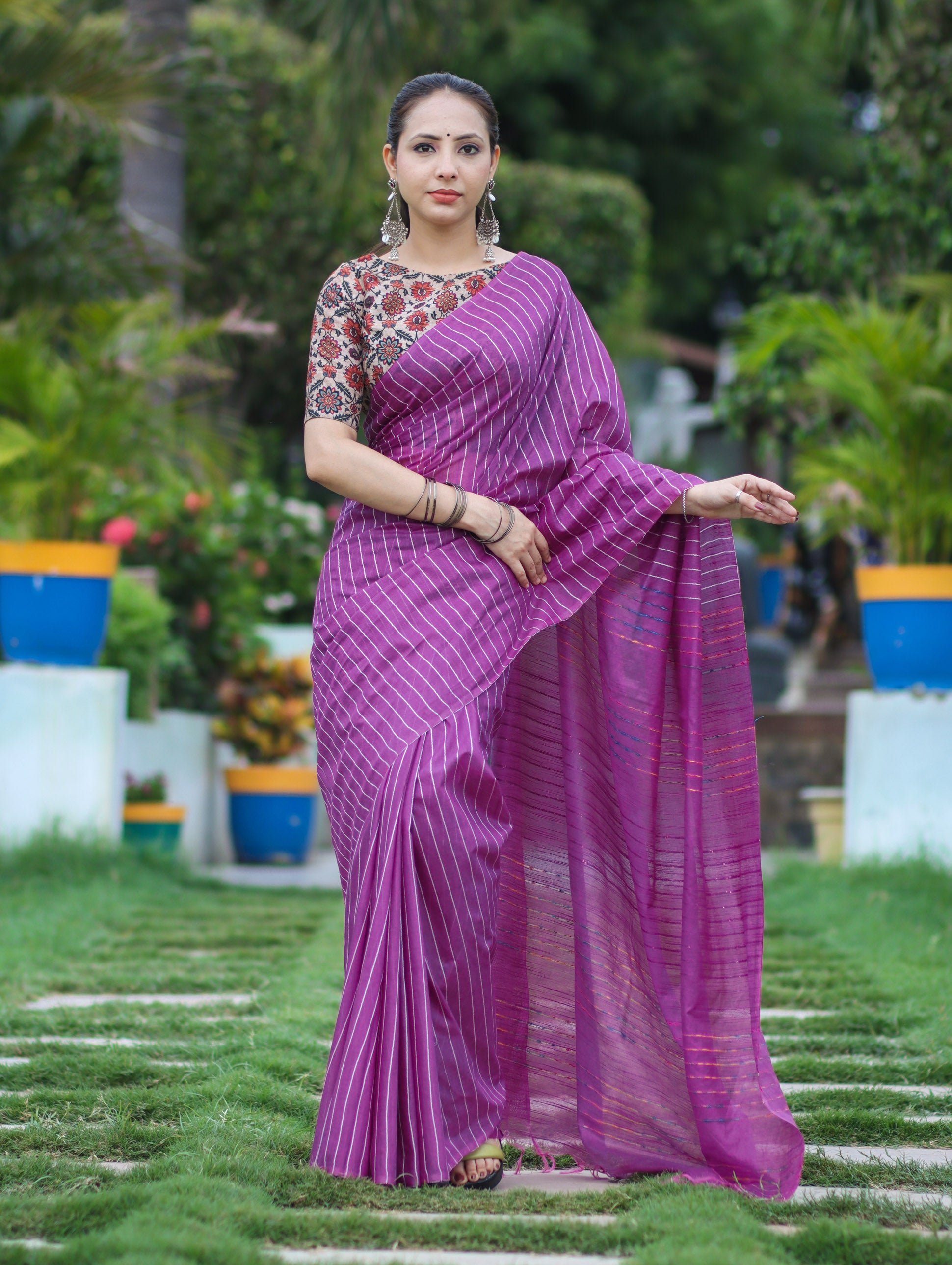 Bhagalpur Handloom Semi Silk Saree With Stripes Design-Violet