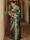 Banarasee Semi-Katan Zari Jaal Saree-Green