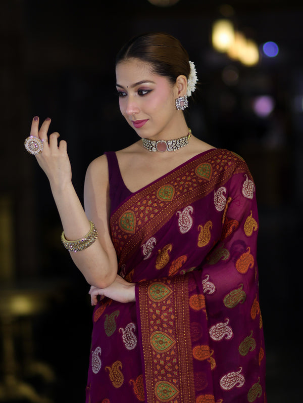 Banarasee Pure Chiffon Saree With Resham Buta Work & Border-Violet