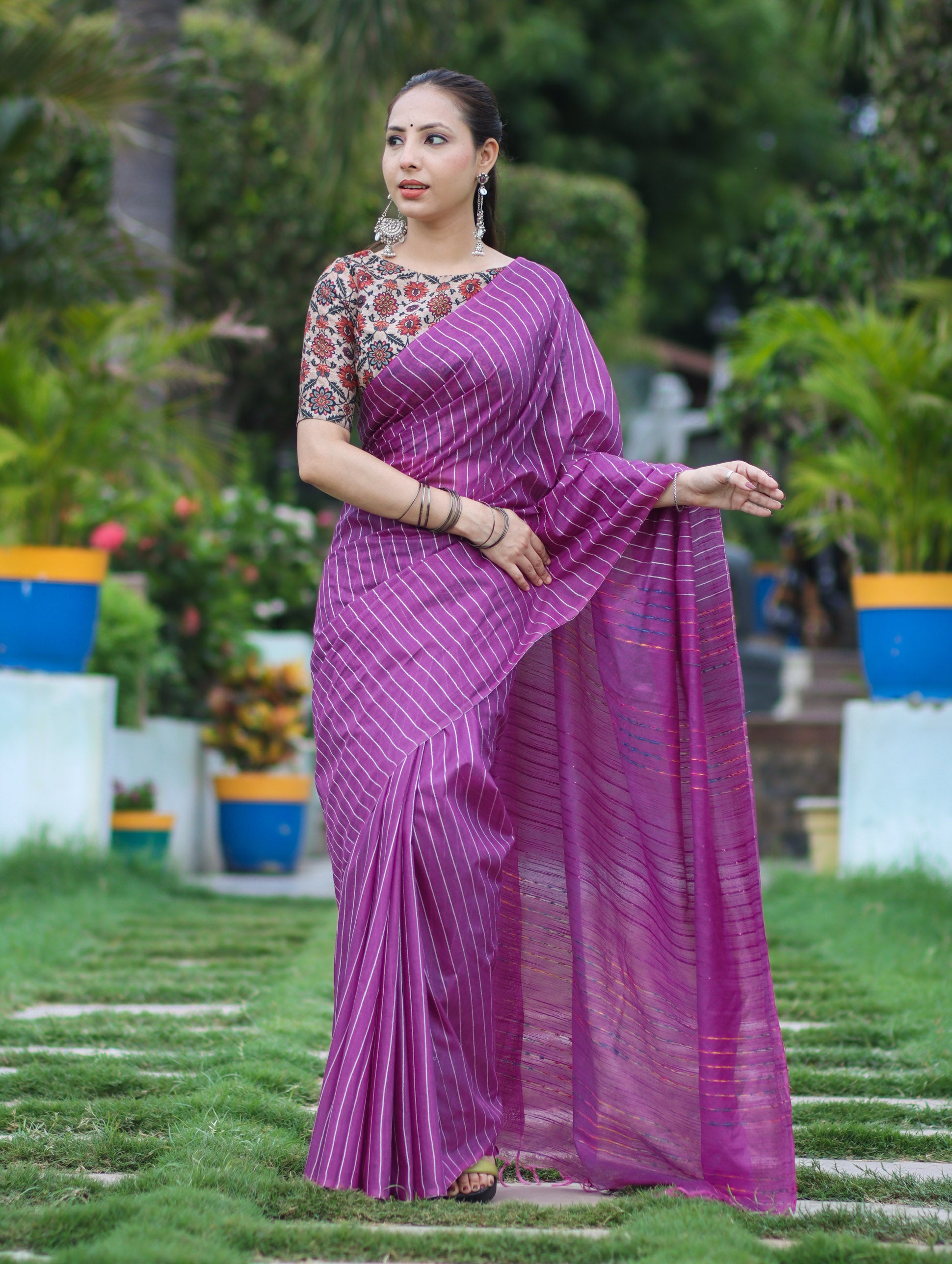 Bhagalpur Handloom Semi Silk Saree With Stripes Design-Violet