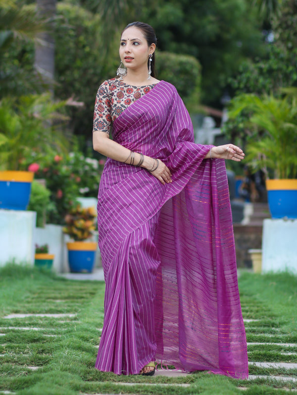 Bhagalpur Handloom Semi Silk Saree With Stripes Design-Violet