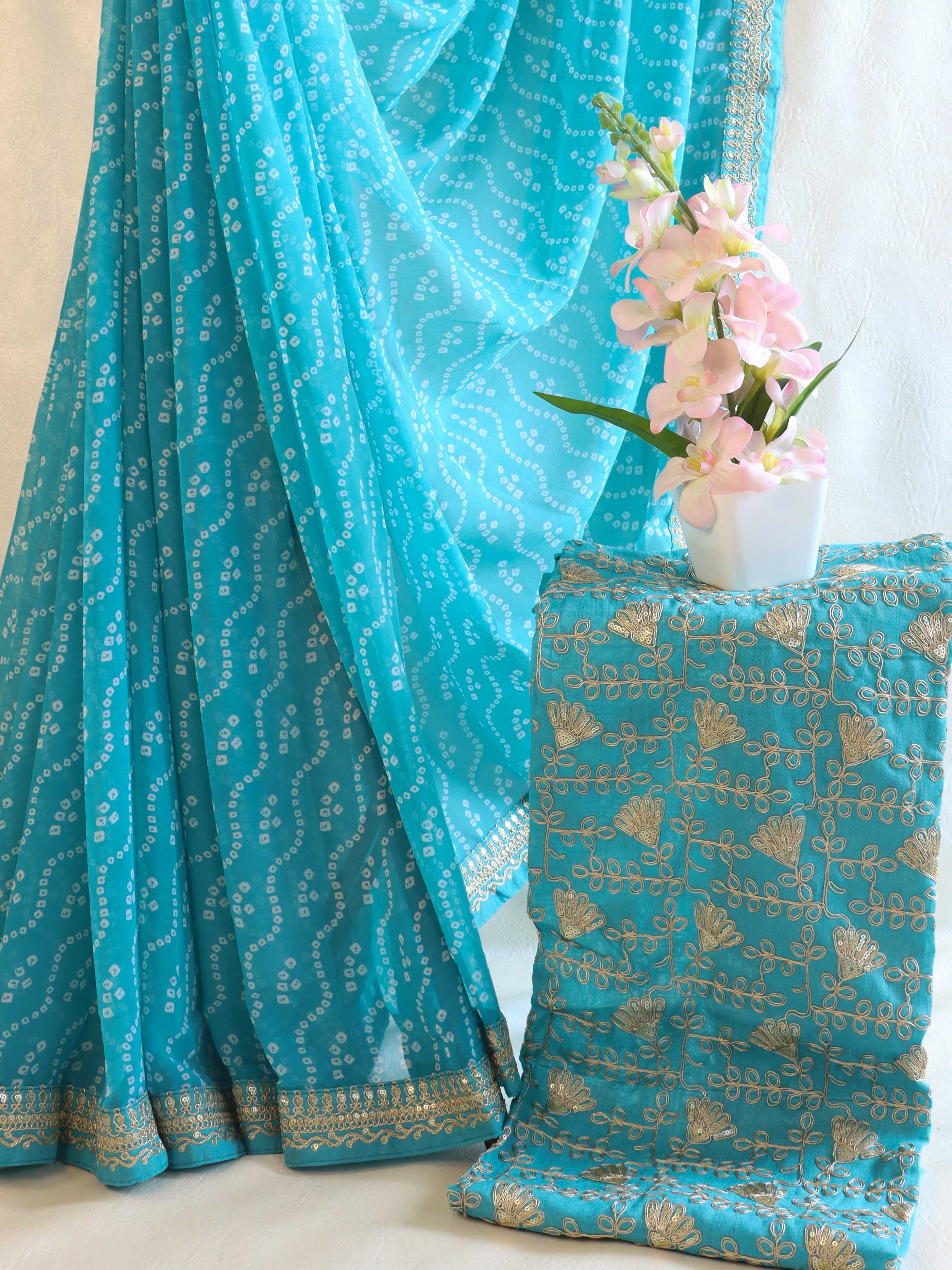 Banarasee Georgette Embroidered Chunari Print Saree-Blue