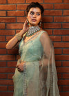 Banarasee Organza Mix Saree With Katdana Handwork-Mint Green