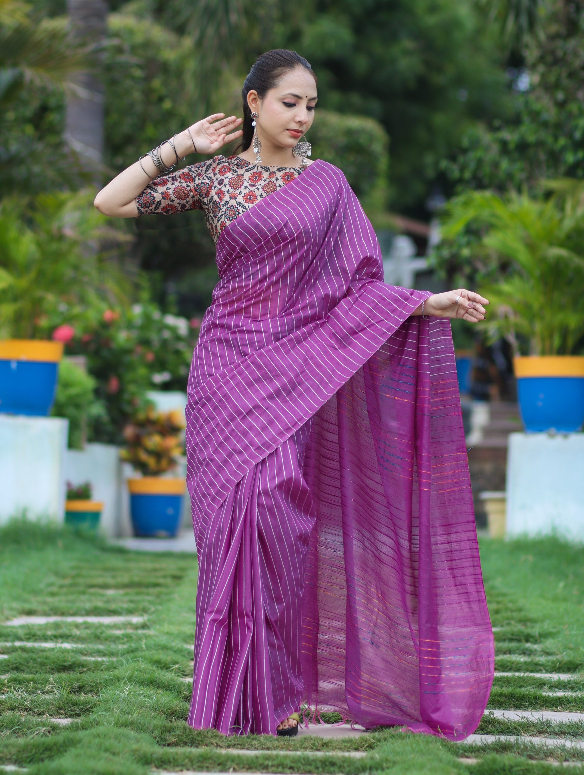 Bhagalpur Handloom Semi Silk Saree With Stripes Design-Violet