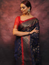 Banarasee Handwoven Pure Silk Cotton Saree With Antique Zari Buti & Border-Blue