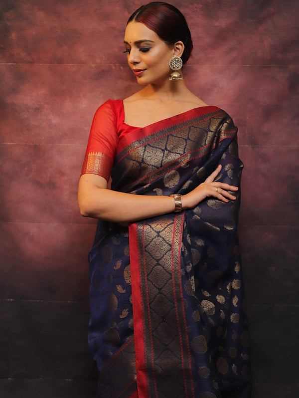 Banarasee Handwoven Pure Silk Cotton Saree With Antique Zari Buti & Border-Blue