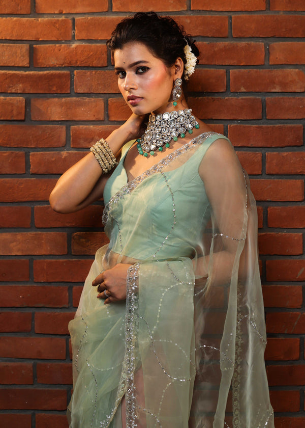 Banarasee Organza Mix Saree With Katdana Handwork-Mint Green