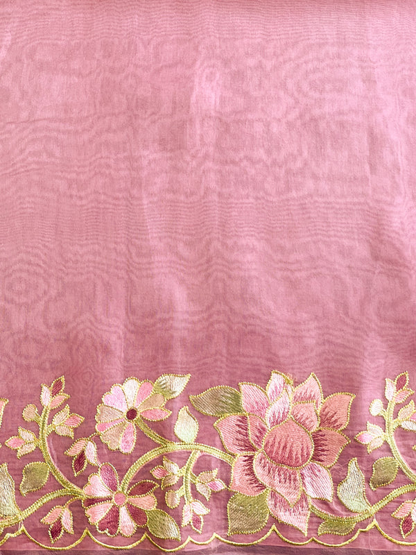 Banarasee Pure Organza Silk Saree With Floral Resham Embroidery-Pink