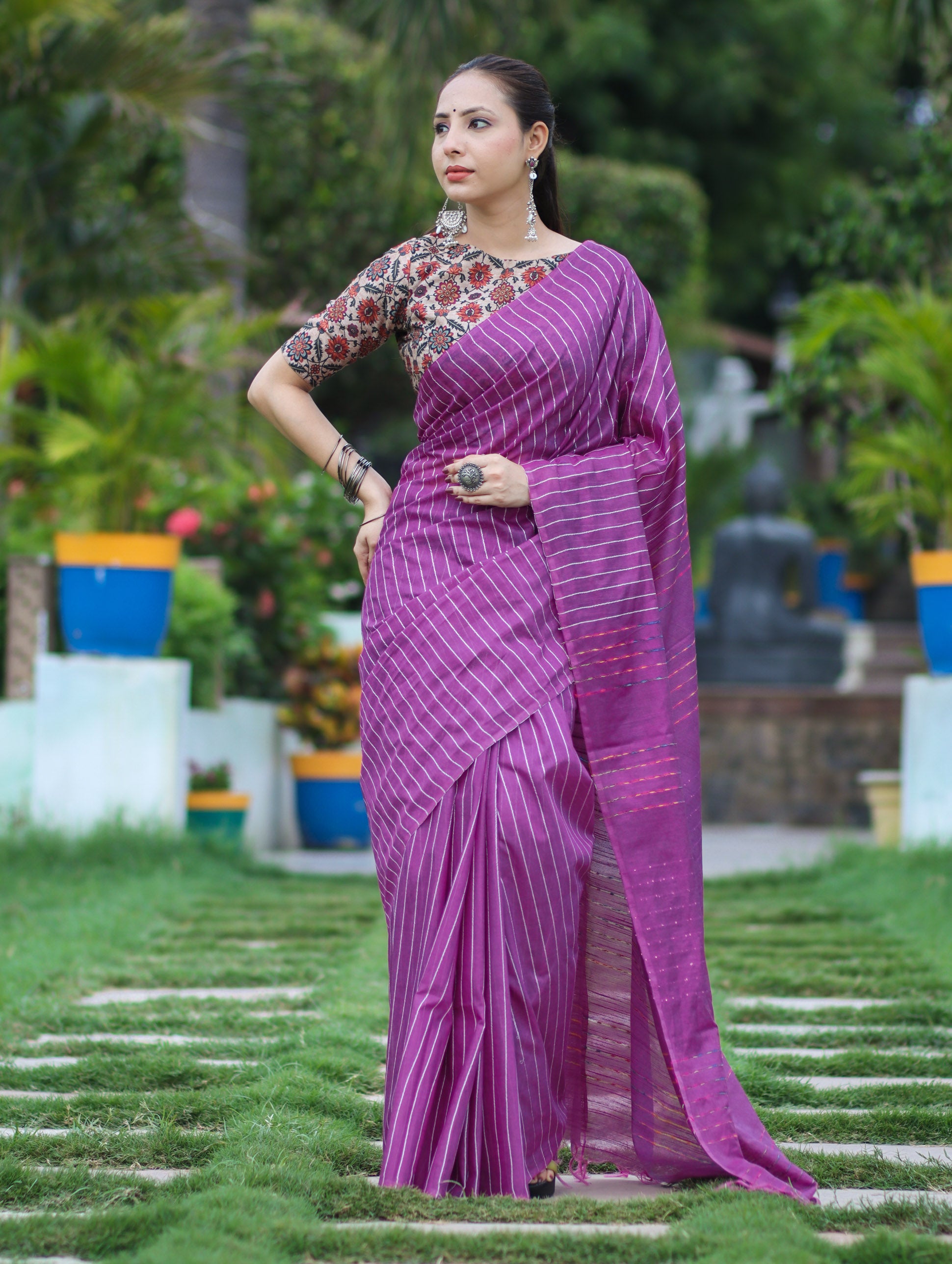 Bhagalpur Handloom Semi Silk Saree With Stripes Design-Violet