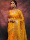 Banarasee Organza Floral Embroidery Sequin Work Saree-Mustard Yellow