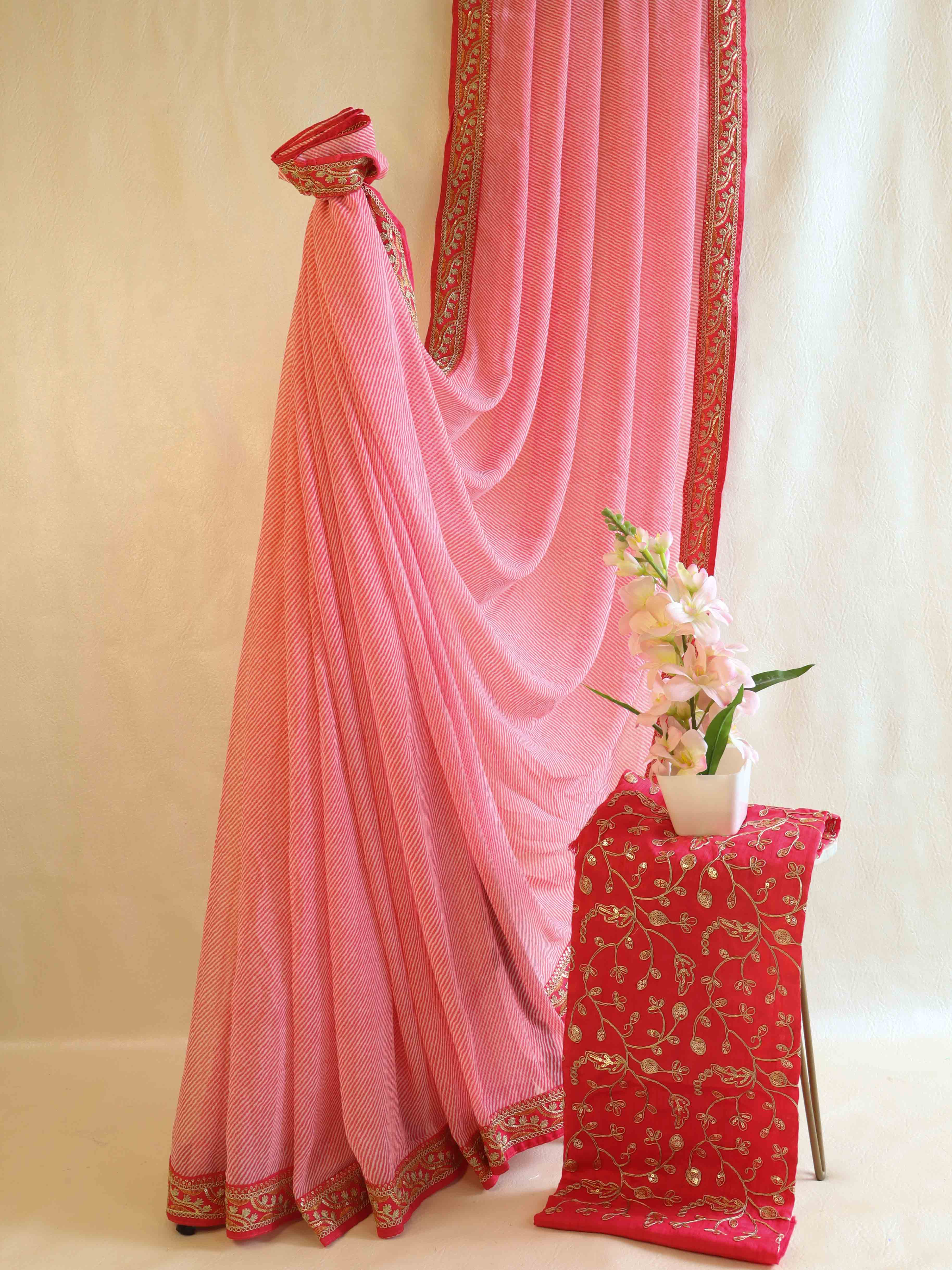 Banarasee Georgette Embroidered Lehariya Print Saree-Pink