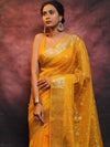 Banarasee Organza Floral Embroidery Sequin Work Saree-Mustard Yellow