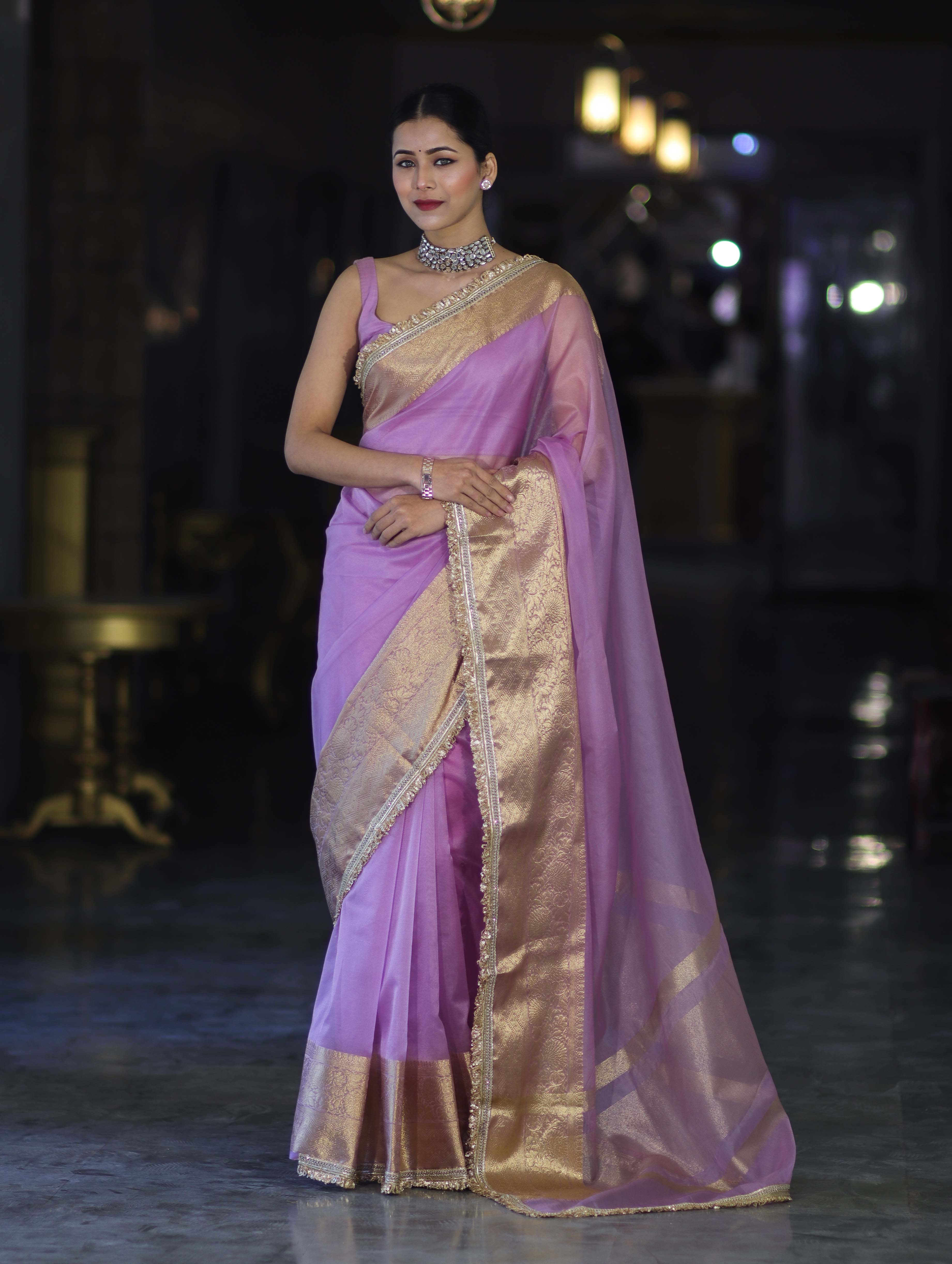 Banarasee Handloom Organza Mix Plain Saree With Zari Border & Lace-Lavender