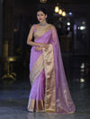 Banarasee Handloom Organza Mix Plain Saree With Zari Border & Lace-Lavender