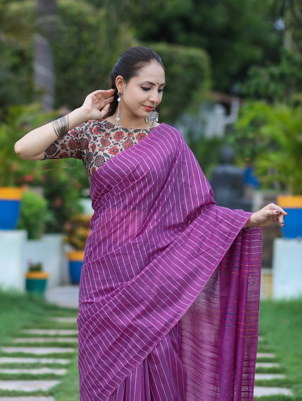 Bhagalpur Handloom Semi Silk Saree With Stripes Design-Violet