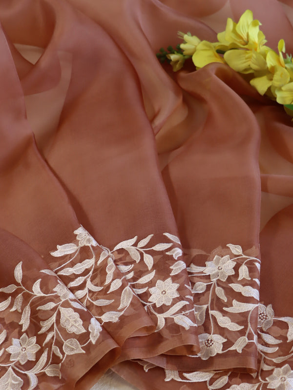 Banarasee Pure Organza Silk Saree With Floral Resham Embroidery-Brown