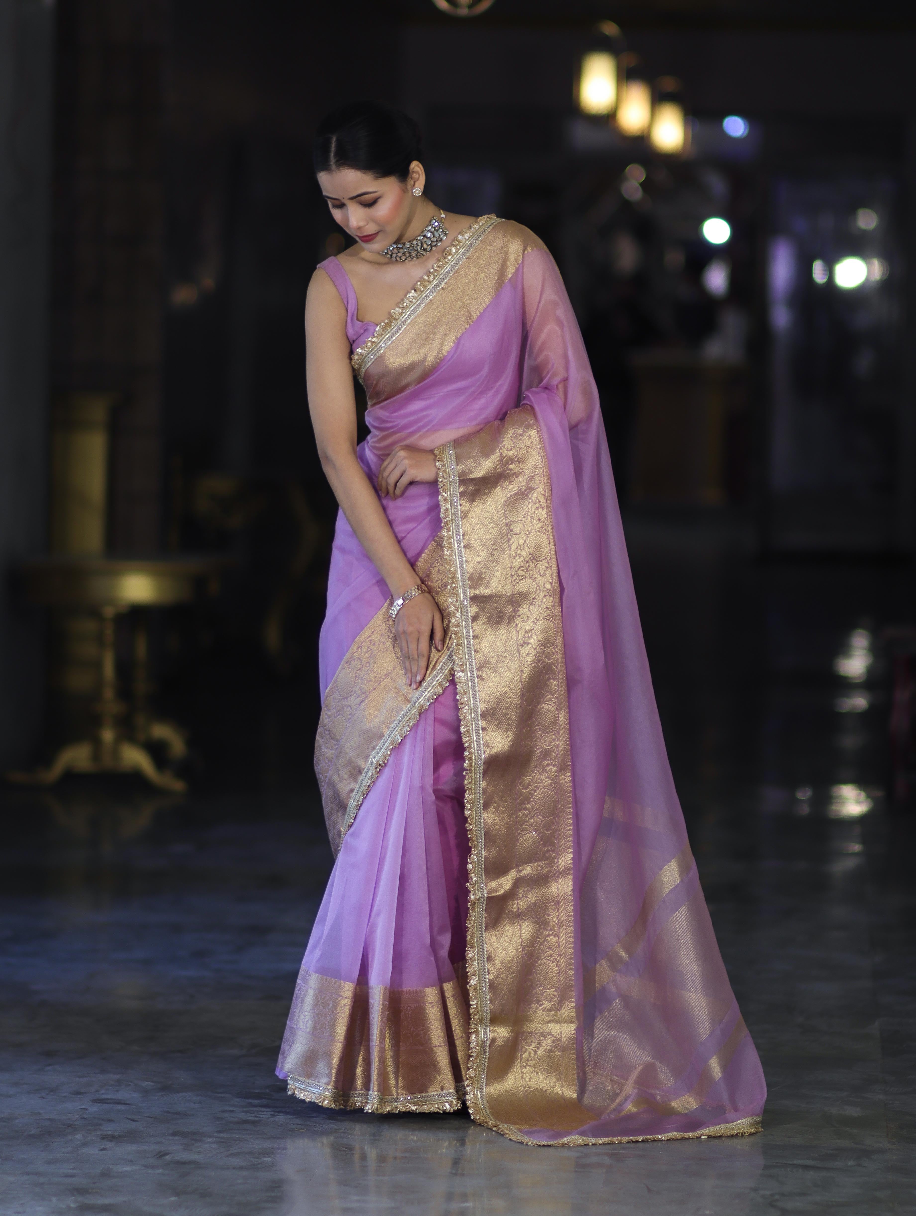 Banarasee Handloom Organza Mix Plain Saree With Zari Border & Lace-Lavender
