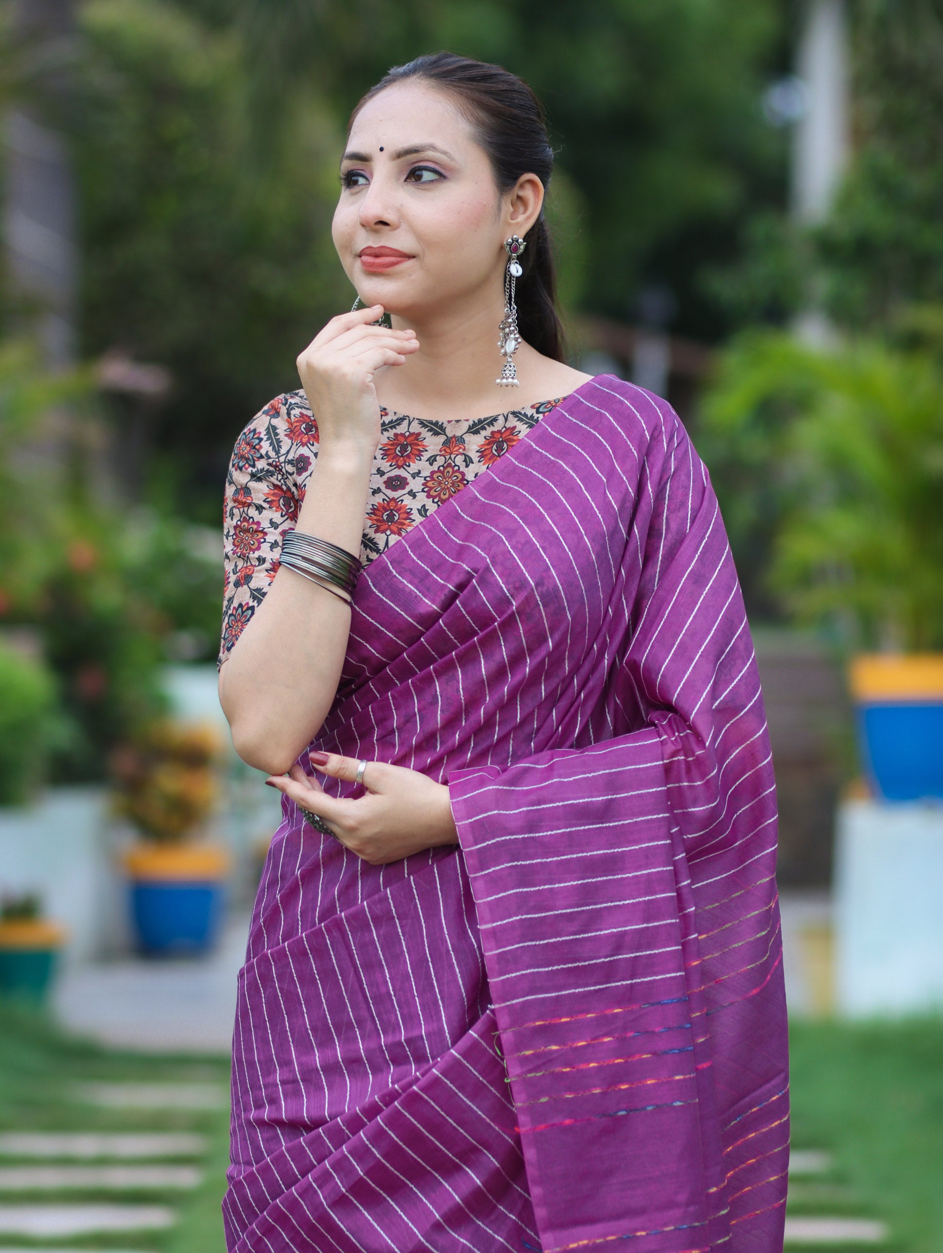 Bhagalpur Handloom Semi Silk Saree With Stripes Design-Violet