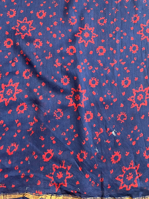 Banarasee Handloom Chanderi Bagru Block Printed Saree-Blue
